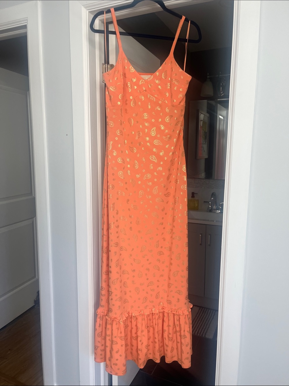 Michael Kors Orange Metallic Paisley Dress with Ruffle Hem